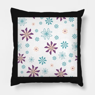 Geometric flowers in teal and purple on white background Pillow