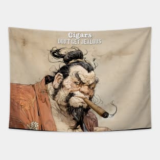 Puff Sumo: "Cigars Don't Get Jealous" on a Dark Background Tapestry