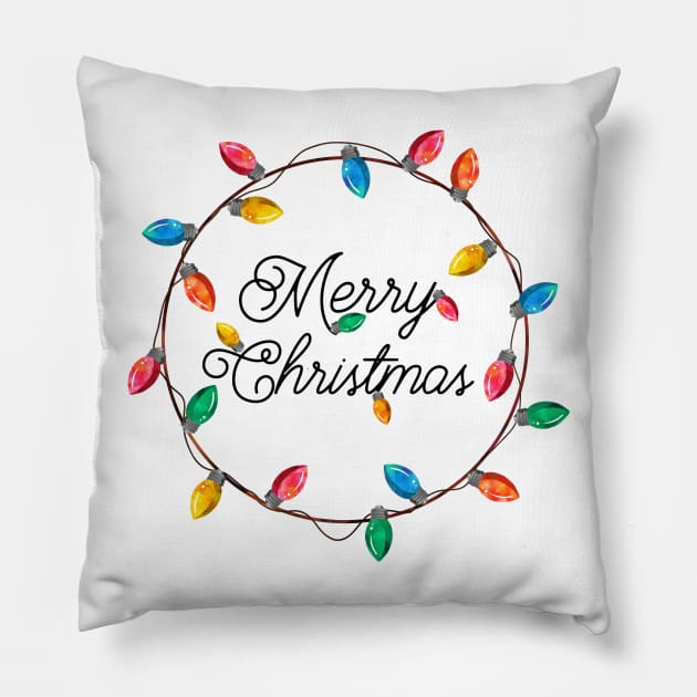 Merry Christmas Wreath of Retro Christmas Lights Pillow by TNMGRAPHICS