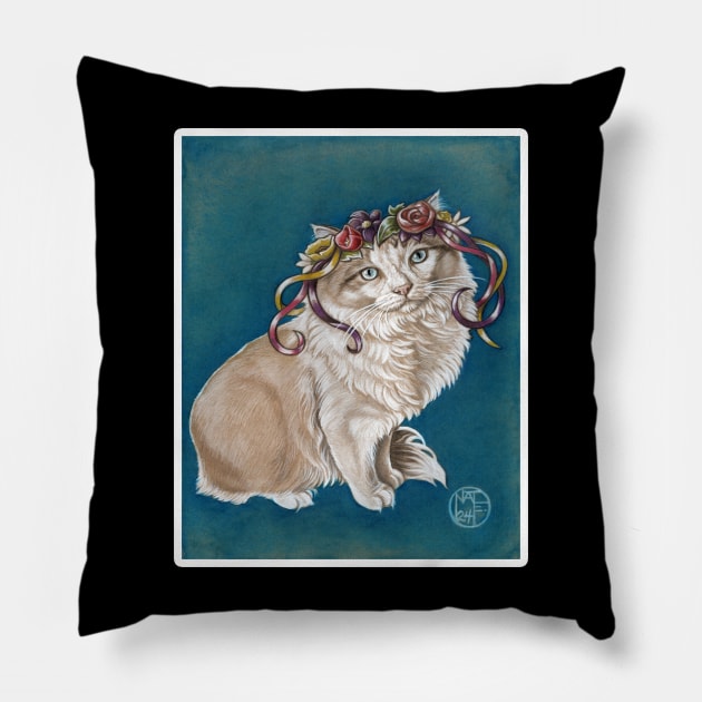 Kitty in Flower Crown - White Outlined Version Pillow by Nat Ewert Art