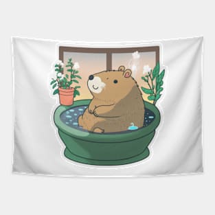 Relaxing in the Water: Capybara Enjoying a Bath Tapestry