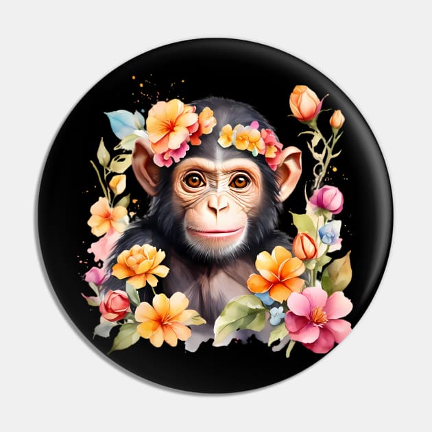 A baby chimpanzee decorated with beautiful watercolor flowers Pin by CreativeSparkzz