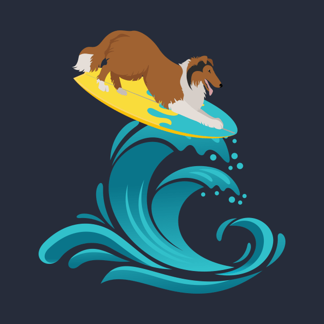 Rough Collie Dog on Surf Board on Summer Sea Wave by Seasonal Dogs