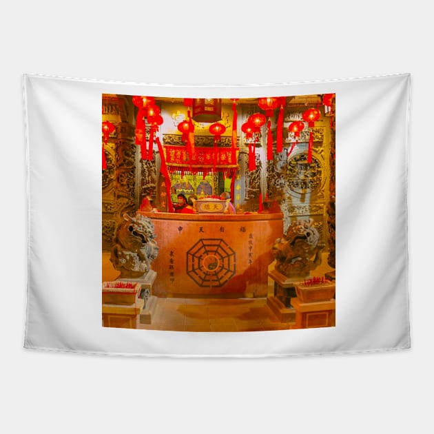 Hotel reception styled like ancient Chinese temple altar. SQe Tapestry by kall3bu