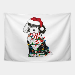 Cute Sheepadoodle Wrapped In Christmas Lights Tapestry