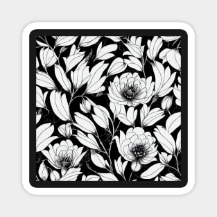 Black and White Vintage Floral Cottagecore Romantic Flower Peony Rose Leaf Design Magnet