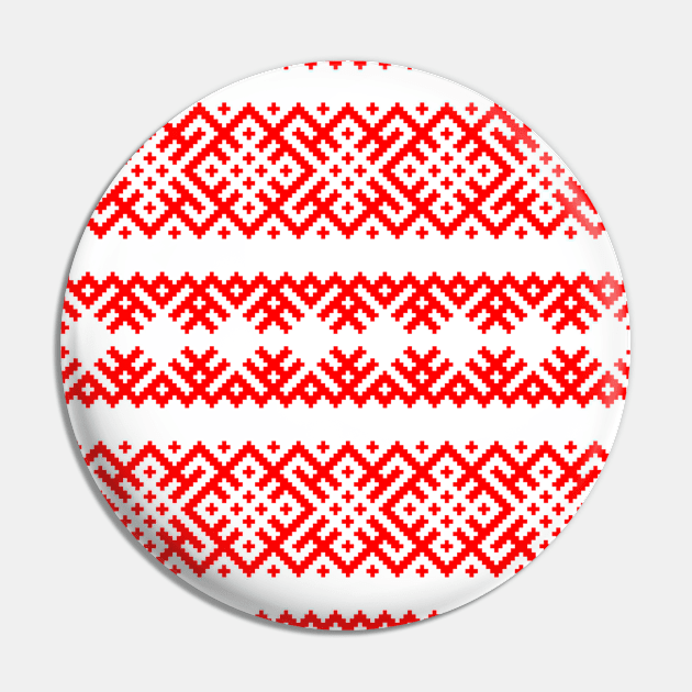 Ethno Slavic Pattern - Bogoroditsa - Symbol Horizontal - Pagan Obereg - Scarlet Red on White Ornament Pin by GrandTartaria