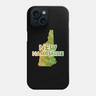 Colorful mandala art map of New Hampshire with text in green and orange Phone Case