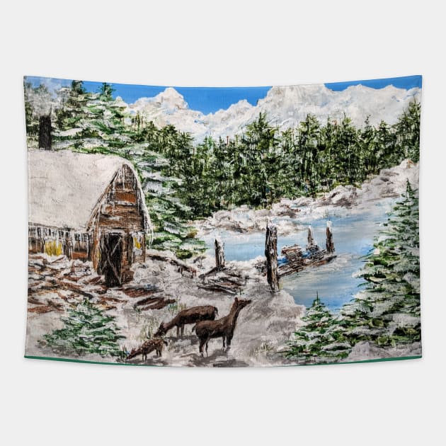 Winter deer by a cabin Tapestry by Aday