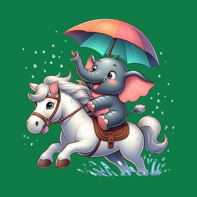 Little elephant carrying an umbrella riding a horse by Wowcool