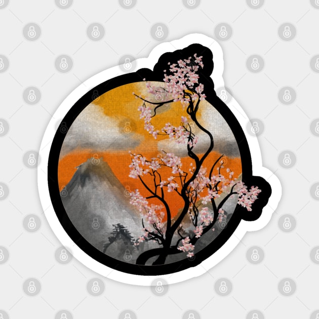 Japanese cherry tree watercolor painting with mountains Magnet by Tatted_and_Tired