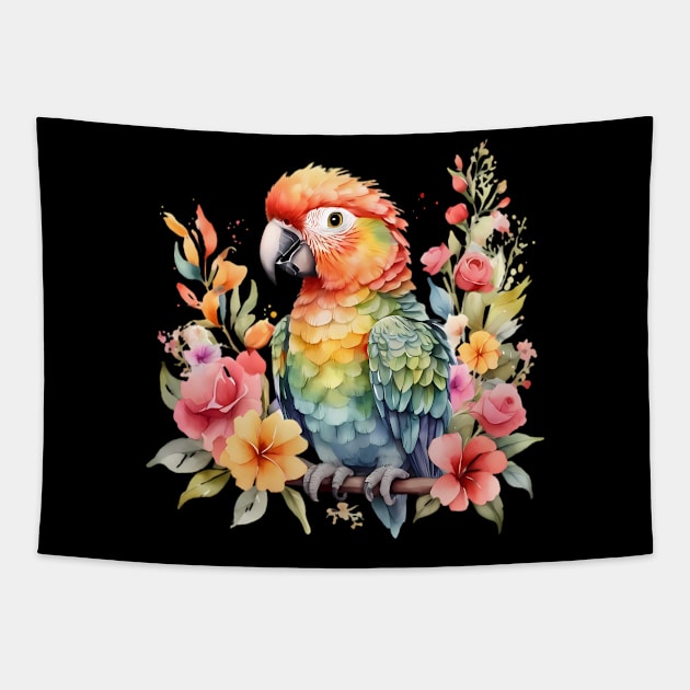 A parrot decorated with beautiful watercolor flowers Tapestry by CreativeSparkzz