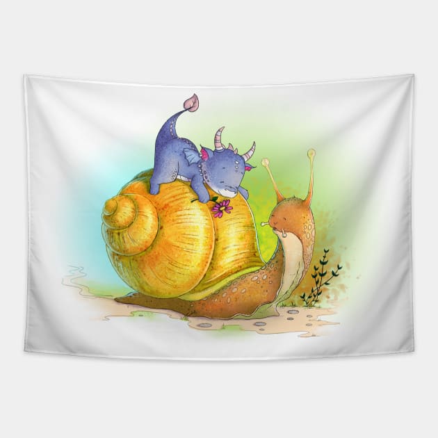 Dragon on a snail Tapestry by Leehollandart