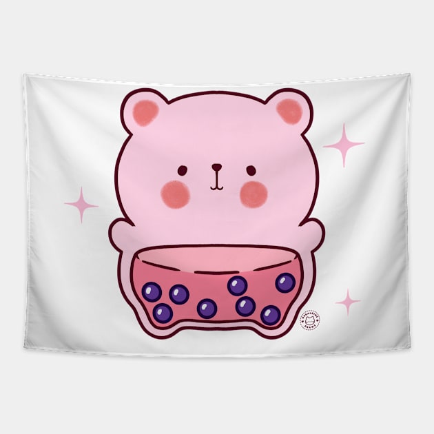 Pink Boba Bear Tapestry by GeraldineDraws