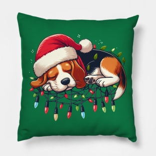 Beagle Dog Sleeping On Christmas Lights Pillow