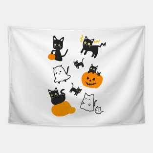 Halloween Black Cat and Pumpkin Ghost Kawaii Cute Anime Manga Logo Art Tapestry