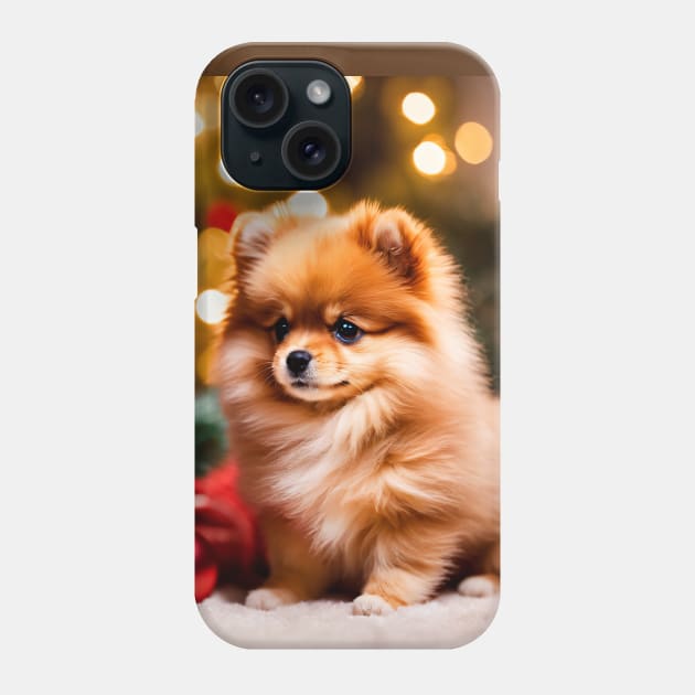 Tiny Pomeranian Puppy Dog by Christmas Tree Phone Case by nicecorgi