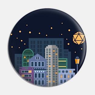 Cityscape City Under Polyhedral Dice Moon Pin