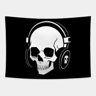 Skull With Headphones, Black and White | Listening Music Tapestry