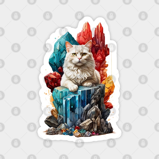 White Cat sitting on Gems Crystal Cluster Magnet by Neon City Bazaar