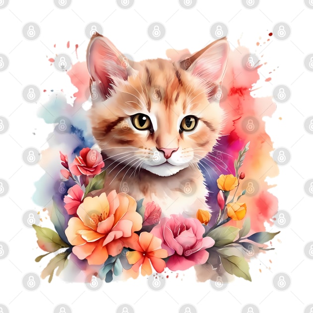 A cat decorated with beautiful colorful flowers in a watercolor illustration. by CreativeSparkzz