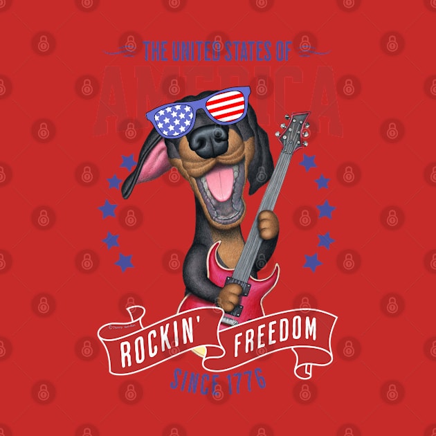 Cute and Funny Doxie Dachshund Dog with Red white and Blue sunglasses Fur Baby Rockin Freedom by Danny Gordon Art