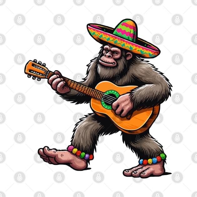 Funny Cinco De Mayo Bigfoot Playing Guitar by Illustradise