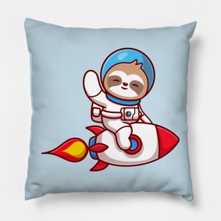 Cute Sloth Astronaut Riding Rocket And Waving Hand Cartoon Pillow