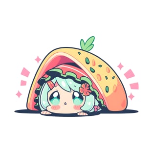 Chibi Anime Taco Girl With Green Blue Hair T-Shirt