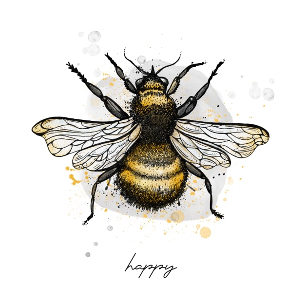 Bee Happy watercolor painting. Motivational quote by RenattaZare