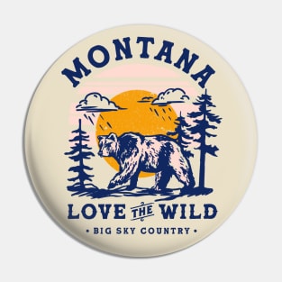 Big Sky Country, Montana. Cool Retro Travel Art With A Grizzly Bear Pin