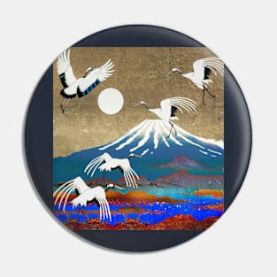 Japanese Painting Ukiyo-E Cranes Mount Fuji Pin