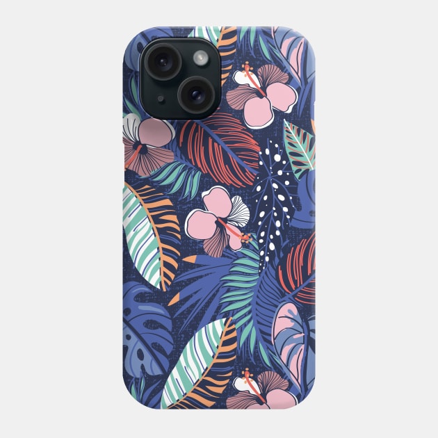 Moody tropical night // pattern // oxford blue background spearmint papaya orange denim and electric blue leaves coral cotton candy pink and dry rose hibiscus flowers Phone Case by SelmaCardoso