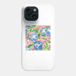 Chinoiserie jars and banana leaves on pink Phone Case