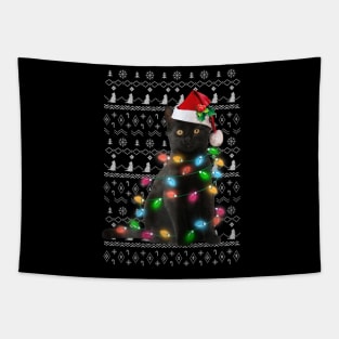 Black Cat christmas light tshirt funny cat lover christmas Tapestry