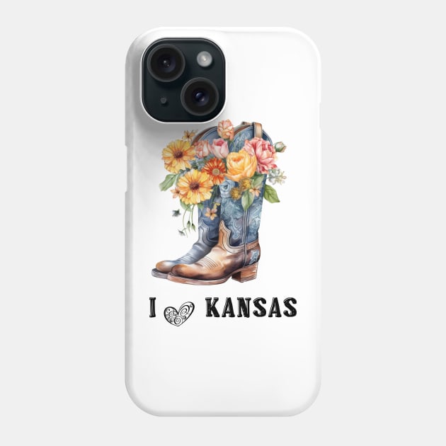 I Love Kansas Boho Cowboy Boots with Flowers Watercolor Art Phone Case by AdrianaHolmesArt