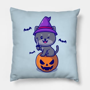 Cute Witch Cat Sitting On Pumpkin Halloween Holding Knife  Cartoon Pillow