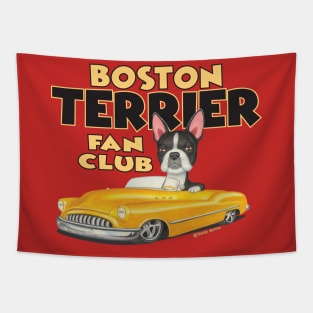 Cute Boston Terrier Dog in classic yellow car retro Boston Terrier in Yellow Classic Car Red Tapestry