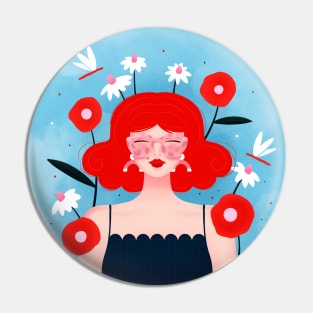 Happy girl with flowers and dragonflies, version 2 Pin