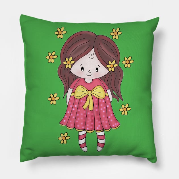 Cute little Bella girl with flowers red dress and yellow bow Pillow by Sophia Cute Enchanting doodle Art Diaries