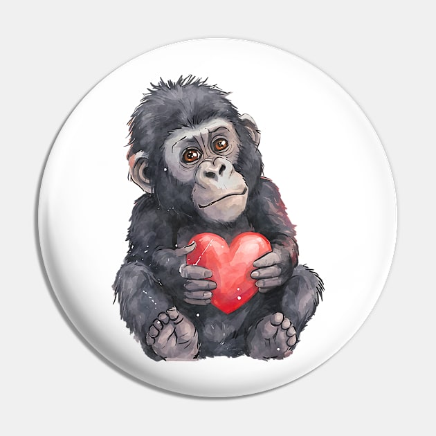 Valentine Mountain Gorilla Holding Heart Pin by Chromatic Fusion Studio
