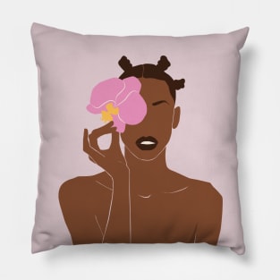 Black Woman Pink Orchid Flower Pillow