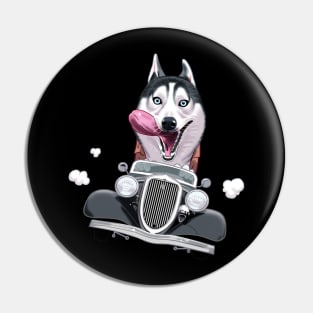 Siberian Husky Driving a Classic Car Pin