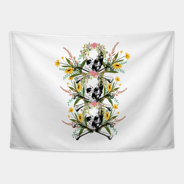 sweet and subliminal skeletal skull with flowers of various colors Tapestry by JENNEFTRUST