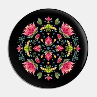 Dark Protea Flower Circle Pattern with Green Beetle Pin