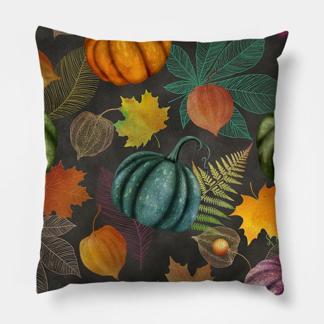 Colorful autumn watercolor seamless botanical pattern, Pumpkins, maple leaves, Physalis composition. Thanksgiving vibrant textural background Pillow by likapix