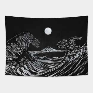 Hokusai wave black and white Tapestry