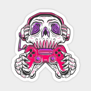 A skull gamer holding a pink joystick controller and wearing headphone. Magnet