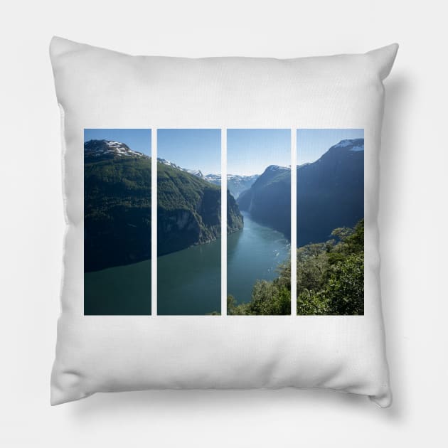 Wonderful landscapes in Norway. Vestland. Beautiful scenery of Geiranger Fjord from the Ornesvingen viewpoint. Snowed mountains, trees and waterfalls Pillow by fabbroni-art