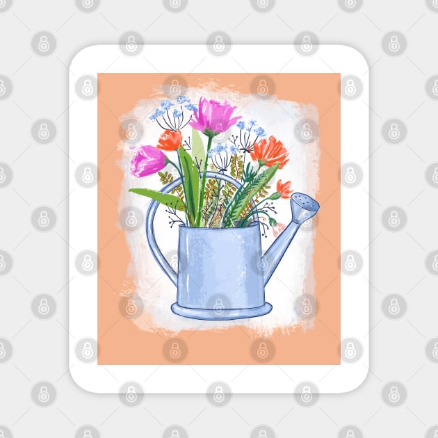 Watering Can with Flowers Spring Illustration Magnet by denizko